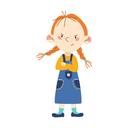 Little girl got angry and crossed her arms over her chest, cartoon vector illustration. Young person with emotion. Teen character avatar isolated on white backgroundのイラスト素材