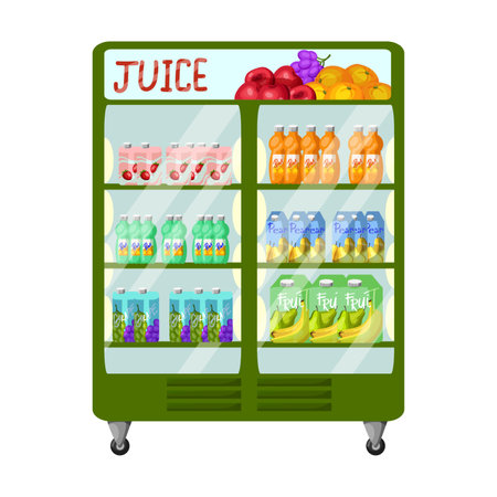 Refrigerator and racks with food vector illustration. Fridges and shelves with fruit and vegetable drinks in plastic packaging and cardboard boxes, mall or market. Food conceptのイラスト素材