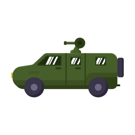 Vector picture of light armored vehicle with machine gun on roof in flat style. Army weapon illustration. Military equipment. War, battle conceptのイラスト素材