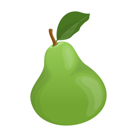 Green pear. Vector illustration of sweet ripe. Cartoon whole juice garden fruit with leaf isolated white. Nature, vegetarian food dessert conceptのイラスト素材