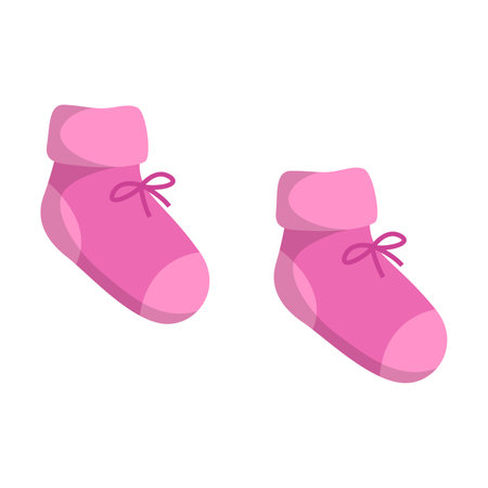 Cute knitted girl slippers with laces vector illustration. Baby shower element for photo, card or invitation, rattles for boys and girls on white backgroundのイラスト素材