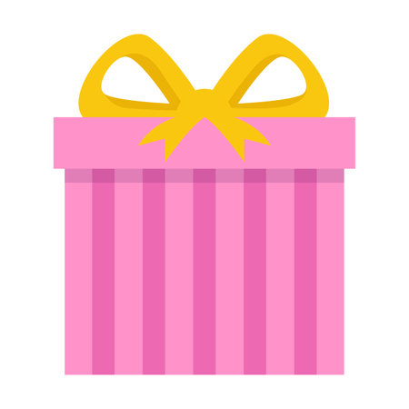 Cute gift in a pink striped box with a yellow bow vector illustration. Baby shower element for photo, card or invitation, rattles for boys and girls on white backgroundのイラスト素材