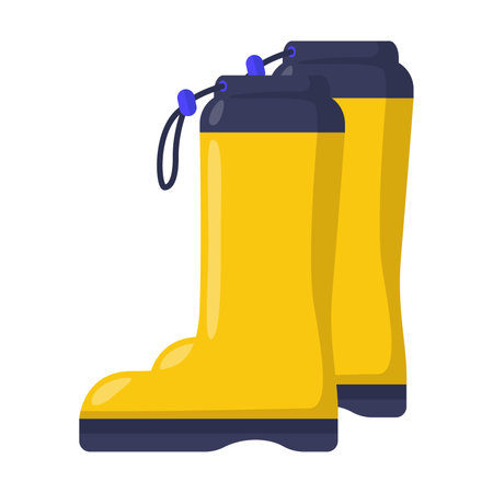 Yellow Wellington boots vector illustration. Rubber shoes or wellies, children or whole family on white background. Autumn or fall, fashion or footwear conceptのイラスト素材