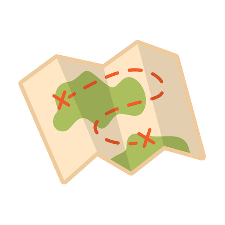 Paper treasure map with route isolated on white background. Autumn camping element vector illustration. Nature, autumn or fall, camping, archeology conceptのイラスト素材