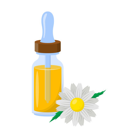Essential oil with plant fragrances vector illustration. Glass bottle with chamomile oil. Aromatherapy, perfume conceptのイラスト素材