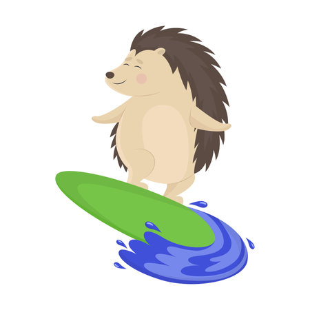 Funny happy prickly hedgehog surfing, enjoying outdoor activity. Cute animal character on surfboard cartoon illustration. Summer, extreme water sport conceptのイラスト素材