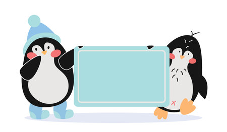 Comic penguins holding empty blue banner vector illustration. Cartoon drawing of cute bird characters with announcement on white background. Information, marketing, advertising, animals conceptのイラスト素材