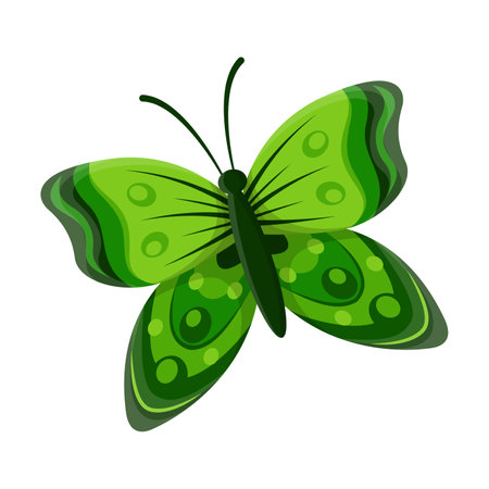 Tropical green butterfly. Vector illustration of insect with multicolored wings. Cartoon animal isolated white. Fantasy, tattoo conceptのイラスト素材