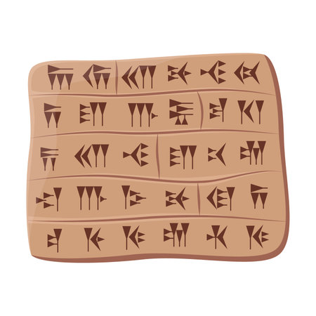 Rock tablet with alphabet of ancient civilization or Mesopotamia on white background. Babylonian or Sumerian script vector illustration. Science conceptのイラスト素材