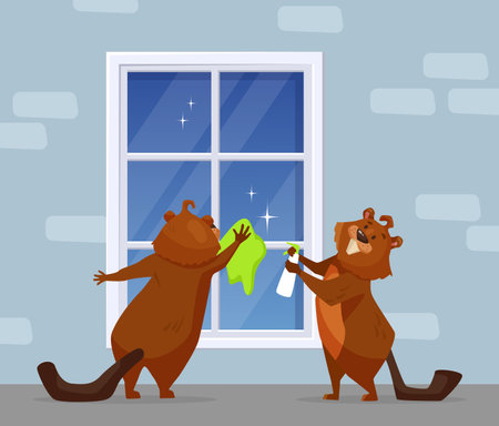 Comic beavers cleaning window together vector illustration. Cartoon drawing of cute wild animal characters as cleaners with wipe and spray for glass. Wildlife, housework, cleaning service conceptのイラスト素材