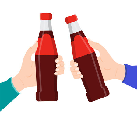 Hands of men holding bottles of soda vector illustration. Cartoon drawing of male hands with glass bottles of drink isolated on white background. Advertising, beverage, celebration conceptのイラスト素材