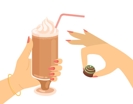 Female hands holding coffee drink and candy vector illustration. Cartoon drawing of hands of women with cocktail and chocolate treat isolated on white background. Beverage, desserts, coziness conceptのイラスト素材