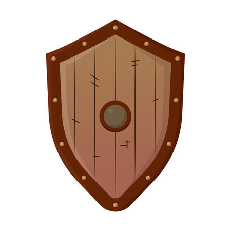 Ancient wooden shield of warrior vector illustration. Cartoon drawing of old weapon on white background. War, weapon concept for game designのイラスト素材