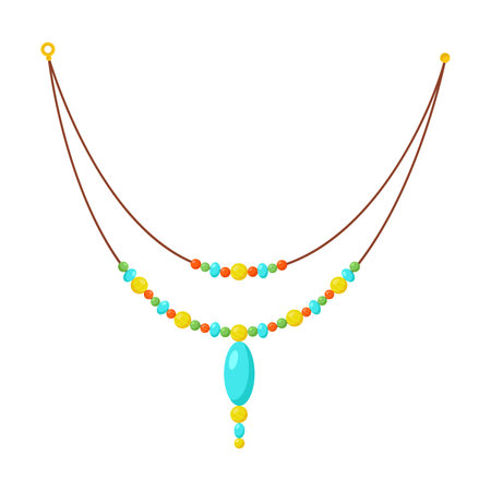 Boho jewelry double pendant cord inlaid with small precious stones cartoon illustration. Bohemian style with gemstones. Accessories, fashion, jewellery conceptのイラスト素材