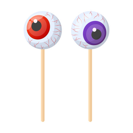 Cartoon drawing of Halloween human eye lollipop on white background. Spooky Halloween candies vector illustration. Halloween, sweet food conceptのイラスト素材