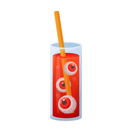 Cartoon drawing of Halloween red drink like with eyes inside on white background. Spooky Halloween candies vector illustration. Halloween, sweet food conceptのイラスト素材