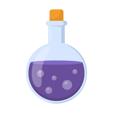 Cute Halloween round flask with magic potion sticker vector illustration. Cartoon drawing of witchcraft or dark magic element in boho style isolated on white backgroundのイラスト素材