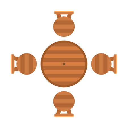 Garden round dining table with round chairs, furniture for outdoor plan. Vector illustration of patio and yard landscape element isolated on white. Architecture, design conceptのイラスト素材