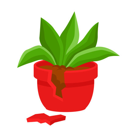 Flower in red broken pot vector illustration. Fallen down houseplant, flowerpot on floor isolated on white background. Gardening, plants conceptのイラスト素材