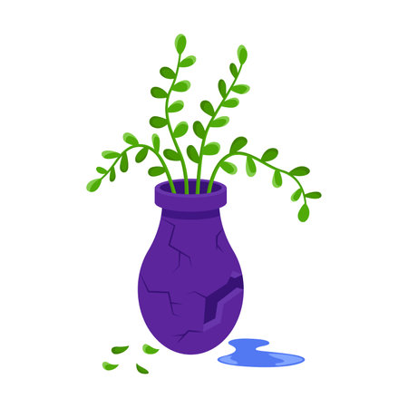 Flower in broken pot vector illustration. Fallen down houseplant, flowerpot on floor isolated on white background. Gardening, plants conceptのイラスト素材