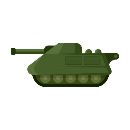 Military small caliber tank in cartoon style. Combat Artillery vehicle on caterpillars armed with large caliber weapons and heavy shells. War, battle conceptのイラスト素材