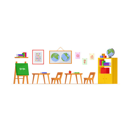 Interior classrooms in kindergarten for drawing, mathematics and creativity. Facilities for school children vector illustration. Education conceptのイラスト素材