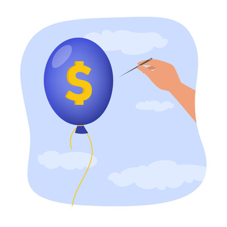 Hand of person holding needle next to balloon with dollar sign. Bankruptcy, financial crisis, company failure, currency inflation vector illustration. Inflation, recession, finances, economy conceptのイラスト素材