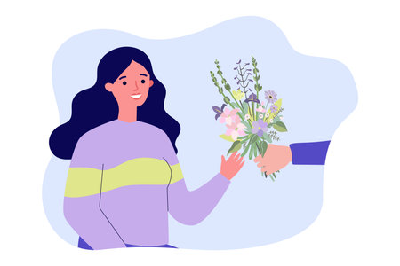 Hand giving bouquet to smiling woman for International women day. Happy cartoon girl receiving flowers as present flat vector illustration. Womens day, love, spring, celebration conceptのイラスト素材