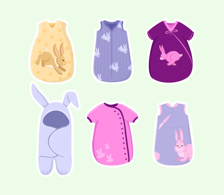 Baby clothes with cute rabbit prints vector illustrations set. Collection of drawings of colorful pajamas or sleep suits with cute bunnies for newborn children. Clothing, fashion, baby care conceptのイラスト素材
