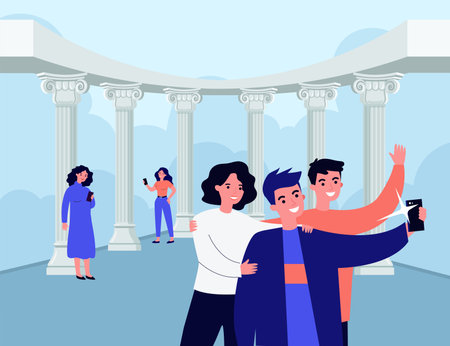 Happy young people taking photos with Ancient Greek columns. Gen Z persons taking selfies with smartphones next to classic pillars flat vector illustration. Tourism, Ancient Greece, culture conceptのイラスト素材