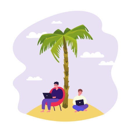 Happy workers working on laptops under palm tree. Men sitting on beach and working remotely while on vacation, flexible schedule flat vector illustration. Remote work, freelance conceptのイラスト素材