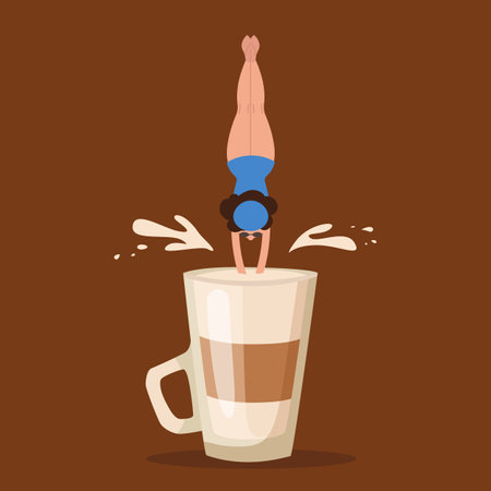 Tiny woman in swimsuit diving into huge coffee cup. Morning routine or breakfast in cafe, female cartoon character swimming in coffee drink vector illustration. Coffee conceptのイラスト素材