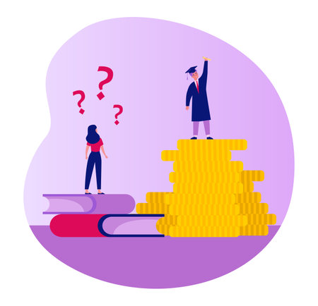 Students standing on stack of books and pile of gold coins. Rich graduate student with diploma, confused hardworking girl vector illustration. Education, finances conceptのイラスト素材