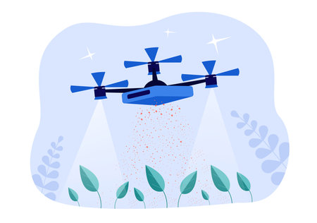 Flying drone fertilizing plants or crops vector illustration. Cartoon drawing of automation of farming process, robotic device taking care of garden or farm. Agriculture, robotics, farming, AI conceptのイラスト素材