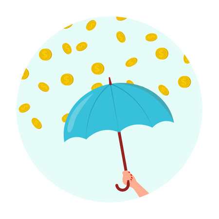 Hand holding umbrella under gold coin rain vector illustration. Cartoon drawing of money falling from sky, earnings or savings, successful investment. Finances, sale, success, wealth conceptのイラスト素材