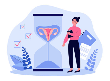 Female gynecologist standing next to huge hourglass with uterus. Medical professional studying symptoms of menopause vector illustration. Menopause, female health, gynecology, fertility conceptのイラスト素材