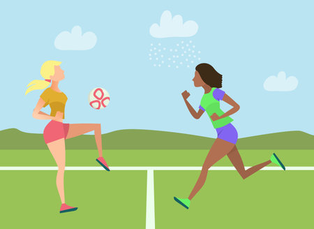 Caucasian and African American women playing soccer on field. Female athletes playing football or training for competition vector illustration. Female sports, healthy lifestyle, soccer conceptのイラスト素材