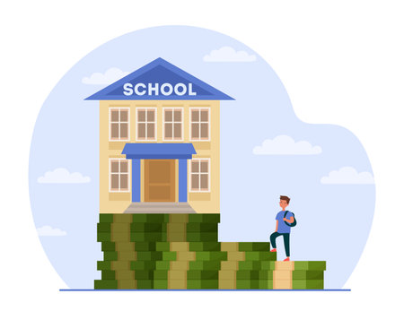 Pupil on banknote stairs to school building vector illustration. Cartoon drawing of sad student going to expensive school, stacks of dollar bills. Education, finances, school fees or tuition conceptのイラスト素材