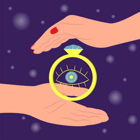 Hands with big wedding ring and seeing eye vector illustration. Cartoon drawing of fortuneteller predicting marriage. Astrology, wedding, prediction, mysticism, fate conceptのイラスト素材