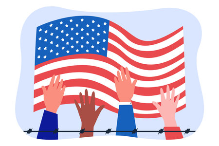 Hands of people with American flag and barbed wire. American citizens fighting for human rights vector illustration. America, protection, community, politics, diversity, freedom conceptのイラスト素材