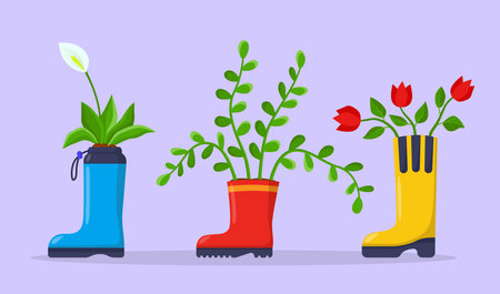 Flowers growing in rubber boots vector illustration. Cartoon drawing of old shoes used as flowerpots for plants. Recycling, upcycling, nature, ecology, zero waste conceptのイラスト素材