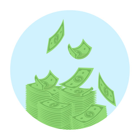 Green dollars falling down vector illustration. Bundles of cash in blue circle on white background. Financial analytics, financial management, money savings, deposit growth conceptのイラスト素材