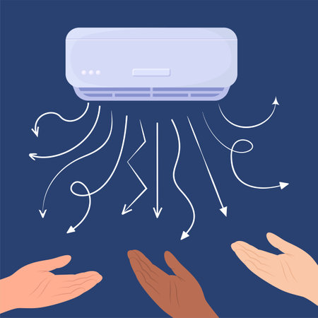 Different styles of air conditioning vector illustration. Hands feeling air flow on blue background. Windair direction arrows showing air movements. Air conditioner, purifier, hot weather conceptのイラスト素材
