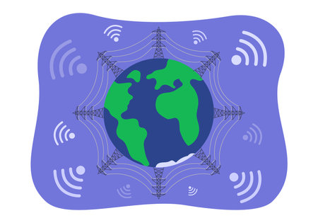 Planet Earth with network towers vector illustration. Worldwide Internet access with wifi symbol. Telecommunication, speed data connection conceptのイラスト素材