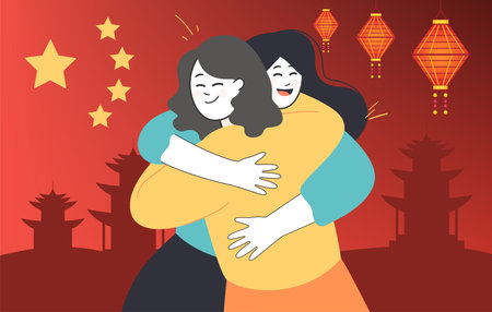 Happy friends hugging vector illustration. Happy family reunion on Chinese flag background. Asian family gathering, friendship, love, support, tradition conceptのイラスト素材