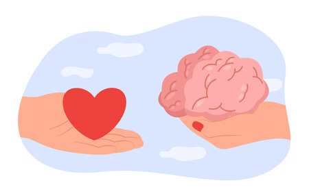 Hands holding brain and heart vector illustration. People controlling emotions and mind, finding balance. Managing emotions, emotional intelligence, leadership, success conceptのイラスト素材