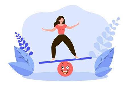Young woman balancing on plank vector illustration. Team leader controlling emotions and finding balance. Managing emotions, emotional intelligence, leadership, success conceptのイラスト素材