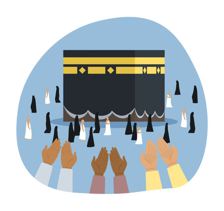 Islamic hajj pilgrimage vector illustration. People praying with raised hands at Ramadan, walking around Kaaba. Faith, religion, Islam culture, Ramadan conceptのイラスト素材
