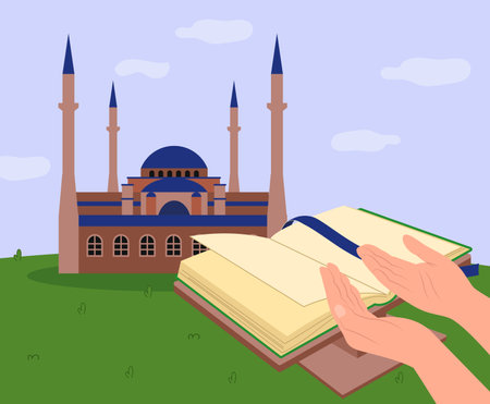 Person praying over book vector illustration. Arabic mosque and hands raised in prayer. People praying for earthquake victims. Faith, religion, Islam culture, Ramadan conceptのイラスト素材