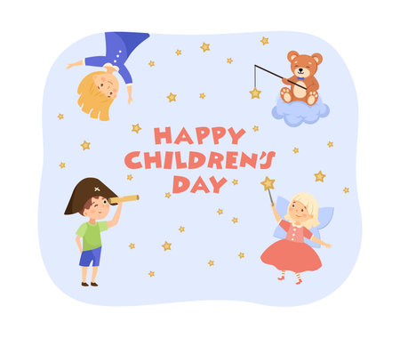 Happy childrens day vector illustration. Cute fairytale characters, pirate, fairy, teddy bear on clouds with stars. Girls and boys on greeting card. Childrens day, childhood, innocence conceptのイラスト素材